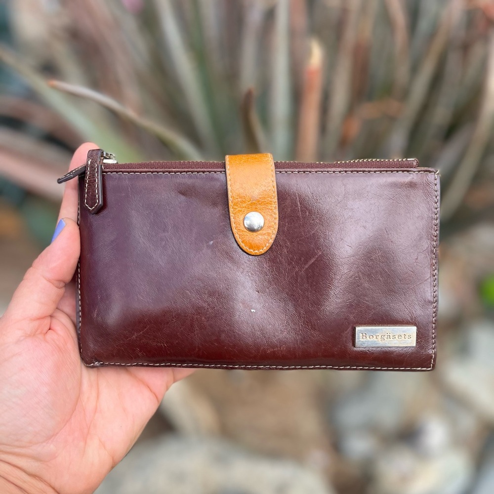 VINTAGE | Borgasets Brown Leather Bifold Creditcard Holder Zipper Wallet